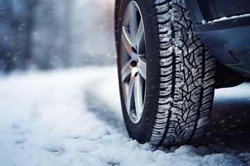 Close-up of car tires in winter on the road