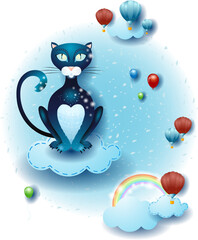 Landscape with clouds and black cat over the clouds. Fantasy illustration, vector eps10