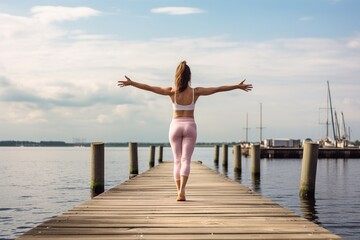 Fototapeta premium Yoga is a powerful vehicle for change. Young woman practicing stretching exercise at the mountain lake. Generative AI