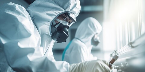 Specialist in protective suits for cleaning and disinfection of cells from the coronavirus epidemic