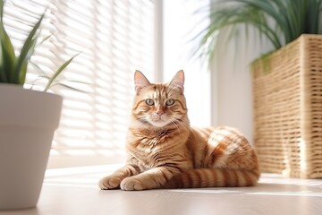 Ginger cat sitting on floor in cozy living room - Powered by Adobe