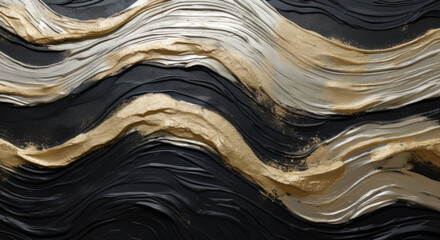 Abstract luxurious painting with flowing thick brushstrokes, in gold, dark silver and gray paint for wall art installation - obrazy, fototapety, plakaty