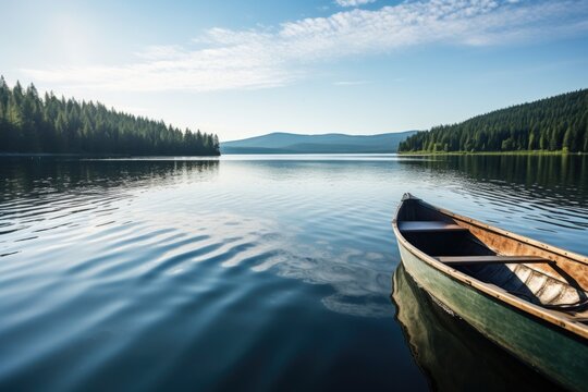 an empty boat drifting near a scenic lake shore