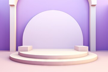 a podium on a purple stage backdrop, in the style of light purple and light beige.