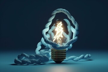 twisted rope making a bulb on blue. 3D art. Generative AI