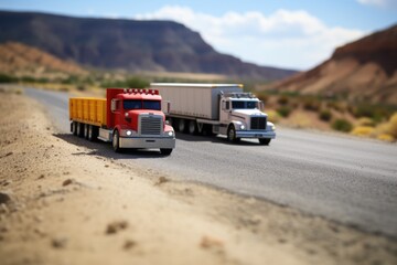 Fototapeta na wymiar two toy trucks merging on a miniature road