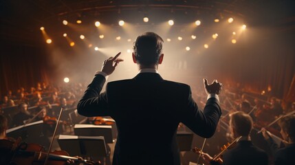 A maestro leads a symphonic ensemble of musicians in a concert. - obrazy, fototapety, plakaty
