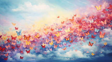 Obraz na płótnie Canvas Dreamy Sky With Boho Colored Butterflies And Clouds. Ethereal Boho Butterfly Background. Generative AI