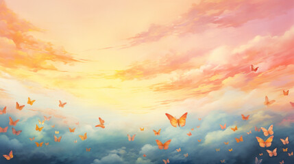 Dreamy Sky With Boho Colored Butterflies And Clouds. Ethereal Boho Butterfly Background. Generative AI