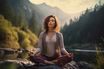 Fototapeta na wymiar Young woman practicing yoga without stress in nature. Female sitting in lotus pose.Yoga mountains. Generative AI