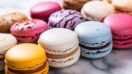 Fototapeta premium Gorgeous array of macarons displayed on a marble slab - a dream for food and sweet-treat lovers.