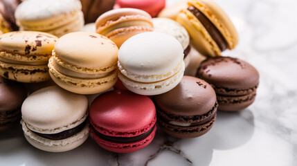 Obraz premium A macro view of vividly hued macarons artfully arrayed on a marble tabletop is ideal for food bloggers and sweets aficionados.