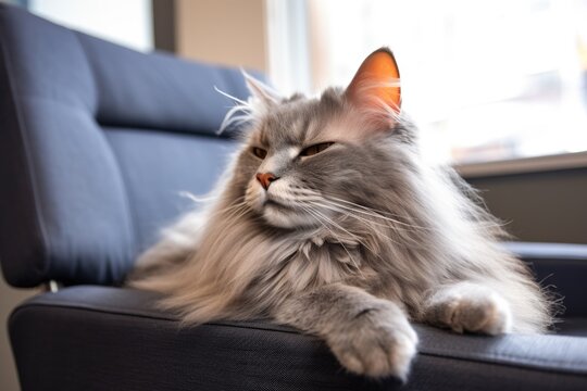 a well-groomed cat purring on a comfy chair