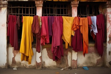several colorful monk robes hung out to dry