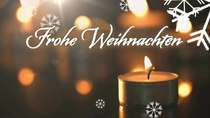 Animation of frohe weihnachten text over snow falling and candle in christmas background - Powered by Adobe