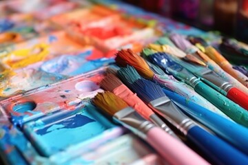 Fototapeta premium close-up shot of pastels and paintbrushes in an art box