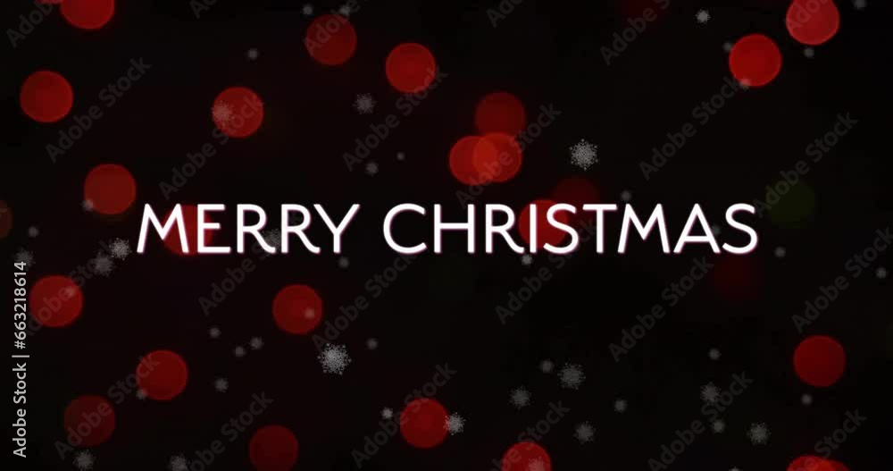 Wall mural animation of merry christmas text over snow falling in christmas red lights background