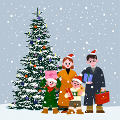 Family Illustration in Snowy Winter with Christmas Tree