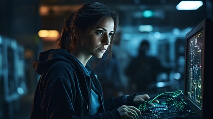 A female IT engineer works in the gloomy server space aiding laptop, network and data center services. - obrazy, fototapety, plakaty
