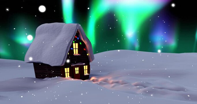 Animation of house, snow falling and aurora borealis in christmas winter scenery background