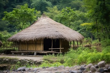 Fototapeta na wymiar bamboo hut with grass thatch roof in forest
