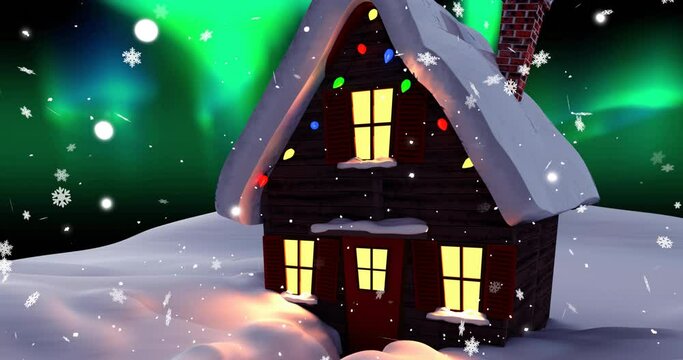 Animation of house, snow falling and aurora borealis in christmas winter scenery background