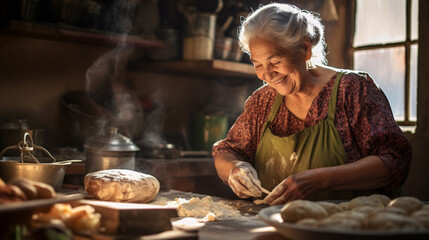 An elderly Hispanic female prepares homemade bread in her kitchen. - obrazy, fototapety, plakaty