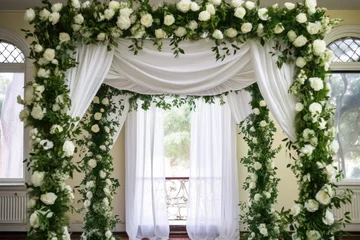 Fotobehang jewish wedding chuppah adorned with white roses and green leaves © Alfazet Chronicles