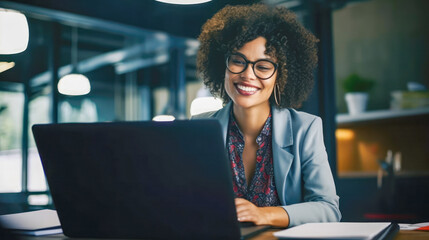A young black business woman is smiling at a laptop computer - obrazy, fototapety, plakaty