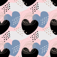 Pink pattern love, heart blue and black colors, doodle hand drawn elements.Beautiful glamorous and elegant, fashion, beauty, cosmetics, luxury and chic.