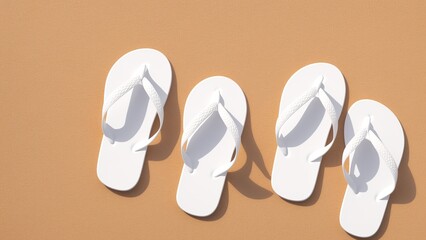 Three Pairs Of White Flip Flops On A Tan Background