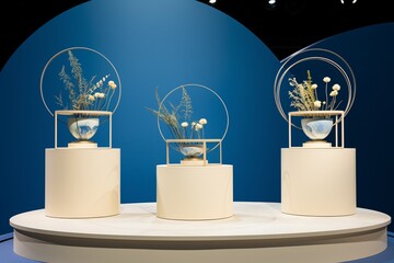 Nature-Inspired Cream Podiums with Circular Blue Backdrop for Product Displays
