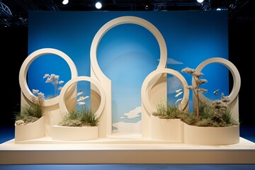 Nature-Inspired Cream Podiums with Circular Blue Backdrop for Product Displays