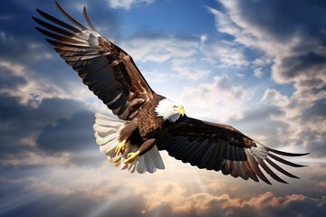 Obraz premium Graceful Bald Eagle Soaring Through Clouds
