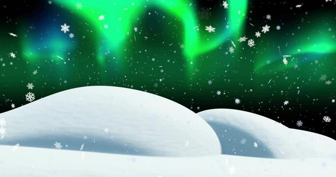 Animation of snow falling and aurora borealis in christmas winter scenery background