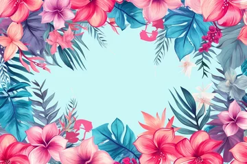 Fototapete Rund Tropical Flora in Pink-Blue: Exotic Southern Plant Frame © Maximilien