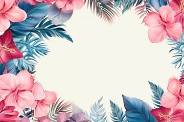 Fototapeta na wymiar Tropical Flora in Pink-Blue: Exotic Southern Plant Frame