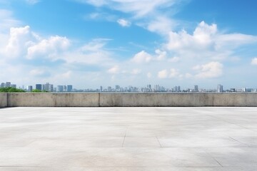 Empty Concrete Floor on the Rooftop with Blue Sky and White Clouds Background - High Quality Photo - obrazy, fototapety, plakaty