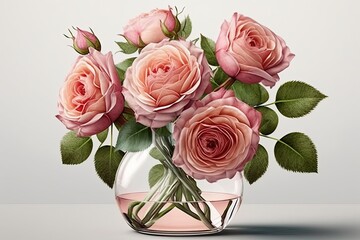 pink roses in a vase on a transparent background. Floral arrangement, bouquet of garden flowers. AI generated