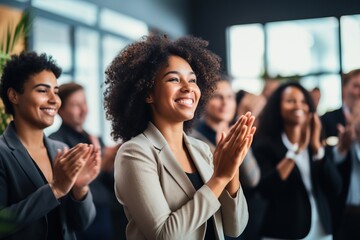 Black woman, Target growth, finance team and diversity of business group clapping for support and...