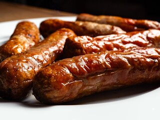 Pork Sausage on a white plate a number of cooked meaty sausage