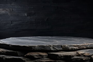 Empty Top of Natural Stone Table and Black Wall Background - High Quality Photo