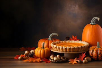 Homemade Thanksgiving pumpkin pie with whipped cream with pumpkins and autumn leaves on dark background