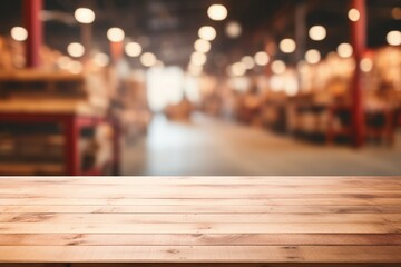 Fototapeta premium Wooden Table Top and Blurred City Traffic at Sunset