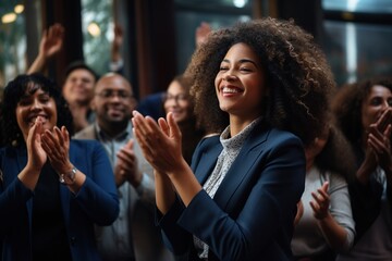 Black woman, Target growth, finance team and diversity of business group clapping for support and happiness. Company success. Generative AI - obrazy, fototapety, plakaty