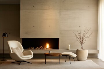 Sleek living area with contemporary fireplace, armchair, and light-colored plaster walls. Generative AI