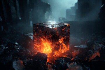 Futuristic Glowing Cube with Smoke and Heated Lava on Dark Room Background

