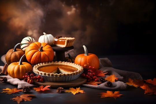 Homemade Thanksgiving pumpkin pie with whipped cream with pumpkins and autumn leaves on dark background