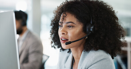 Happy woman, call center and customer service in telemarketing, support or communication at office....