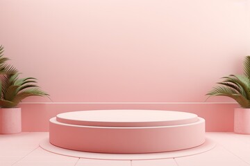 The Pink Round Podium in Front of the Soft Pink Square Wall Background - Aesthetic Product Presentation with Artistic Touch